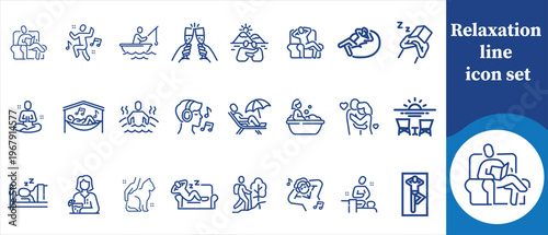 This image showcases a collection of blue line icons representing various relaxation activities including meditation reading and enjoying leisure time high quality professional