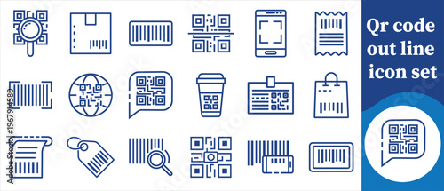 A collection of blue outline icons depicting various types of barcodes qr codes and related scanning technology elements high quality professional detailed modern