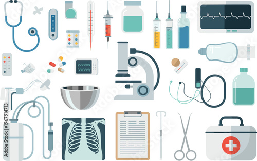 Flat medical equipment illustration featuring healthcare tools, laboratory instruments, diagnostic devices and hospital supplies isolated on clean background
