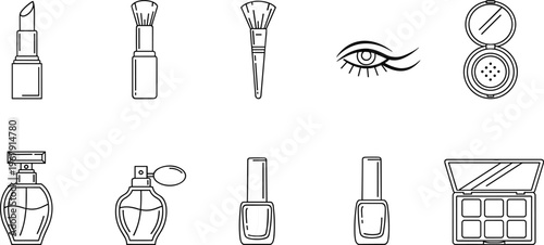 Minimal Makeup and Cosmetic Line Icon Set Featuring Lipstick, Brushes, Eyeshadow, Perfume and Beauty Tools Outline Vector Illustration Collection