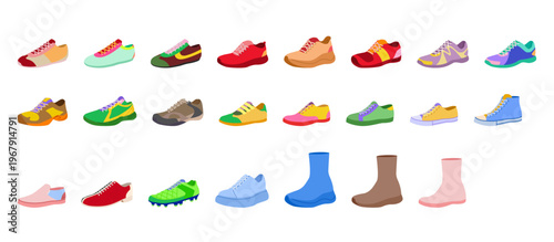 Sneakers shoe color set. Athletic running tennis hiking skate, soccer sneakers plimsoll, canvas, high top stretch trainer collection. Fashion footwear, bright palette, flat vector illustration sport