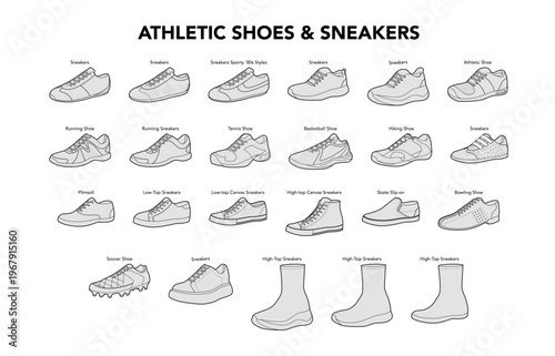 Athletic shoes sneakers mega set with name diagram. Running tennis basketball hiking soccer plimsoll, canvas, high top stretch trainer. Sport footwear chart, fashion CAD mockup, vector resource.