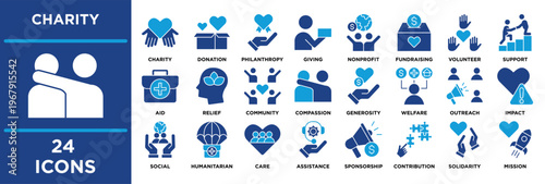 charity icon set illustrating aid, relief, community, compassion, generosity, kindness, help, welfare. solid vector
