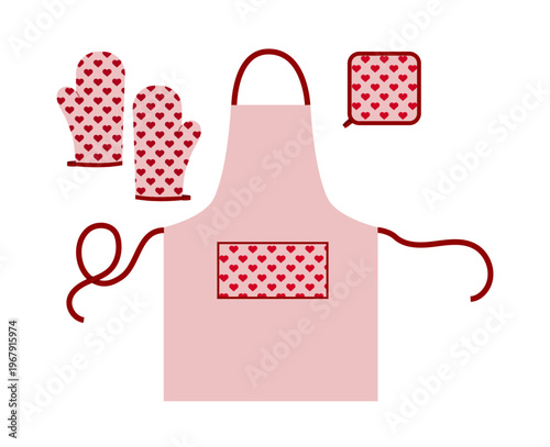 Set of Aprons, Oven Gloves and potholder pink cartoon heart pattern Fashion accessory clothing technical illustration garment. Vector for Men, women style flat template CAD on white background