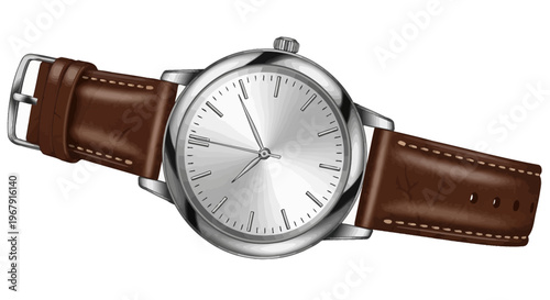 Silver watch, leather strap, brown wristband, analog timepiece, luxury accessory