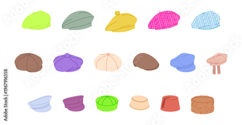 Set of Beret Hats, Pillbox shape Caps, - Structured Balmoral bonnet Knitted. Head Fashion accessory cap clothing technical illustration. Vector headgear for Men, women unisex style, flat template CAD