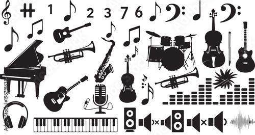 Music symbols and instruments icons collection on white background