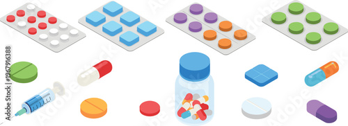 Flat vector medical pills and capsules set with syringe blister packs medicine bottle pharmaceutical healthcare illustration collection isolated