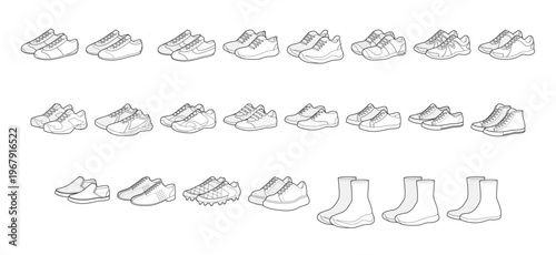 Sneakers shoe line pair set. Athletic running tennis hiking skate soccer, canvas, stretch trainer outline for man woman unisex. Technical footwear guide, clean CAD mockup, minimal vector for catalog