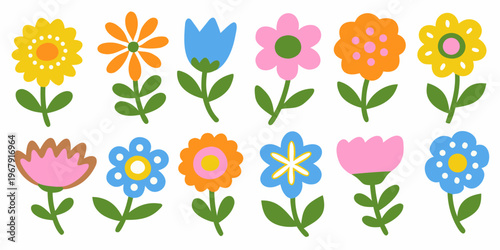 Colorful stylized flowers arranged in two rows on a white background