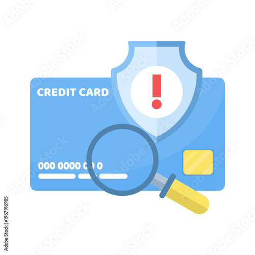 Financial security concept, credit card fraud detection with magnifying glass and warning shield, analyzing payment data to protect digital transactions, vector illustration.