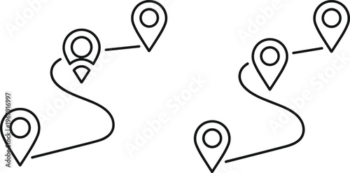 Route map icons with location pin pointers and connecting paths, delivery tracking navigation symbols in black line art style, illustrations.