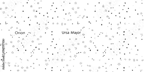 A black and white illustration depicting constellations orion and ursa major