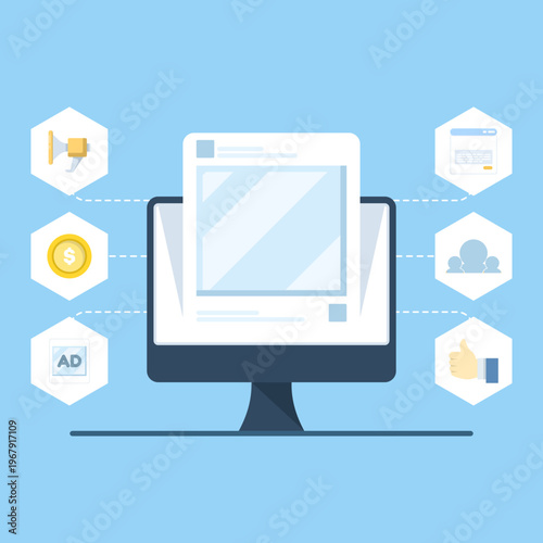 Flat vector of paid social media marketing, business promotion, audience reach, engagement growth with likes and shares, online advertising strategy illustration.