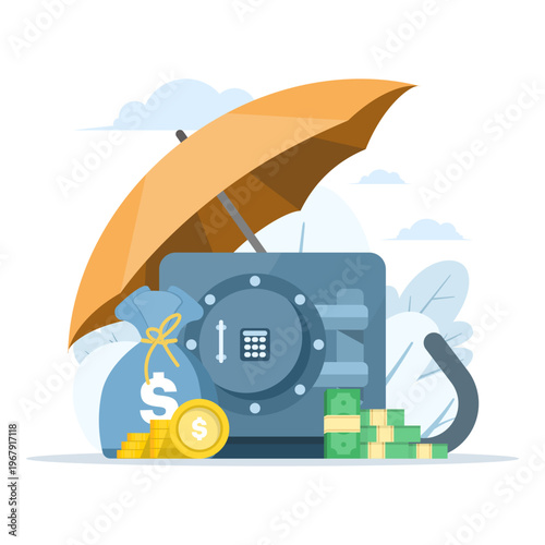 Flat vector of safe with dollar bills, representing financial protection, secure savings, money security, investment safety, and banking finance illustration.