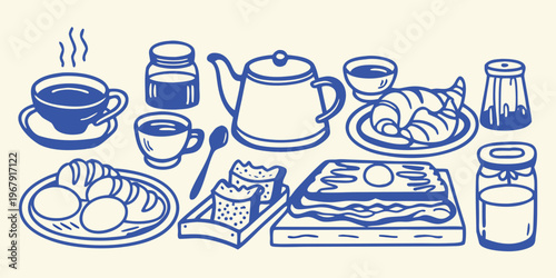 A delightful blue line drawing of a breakfast spread with various foods