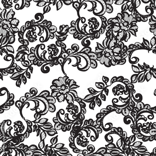 Black lace pattern forming a delicate seamless floral ornament, offering a classic background for fashion, wedding invitations, or decorative designs, emphasizing elegance and traditional weaving