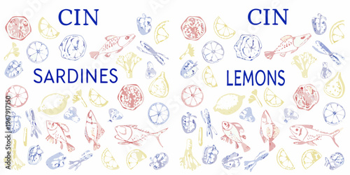 Colorful pattern featuring sardines lemons and repeating text elements