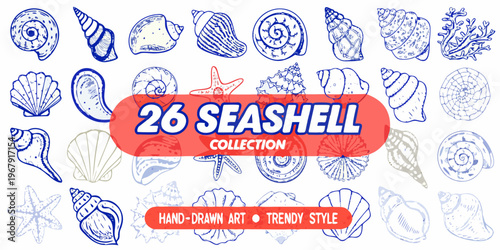 A collection of twenty six hand drawn seashell illustrations in blue and red