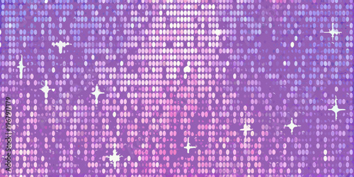 Abstract purple background with shimmering sequins and scattered star shapes