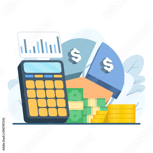 Finance concept illustration, expense ratio calculation and investment cost analysis, highlighting asset management fees, portfolio evaluation, and financial planning vector.