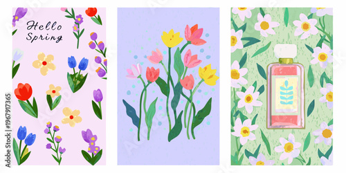 Floral spring patterns and a perfume bottle illustration in pastel shades