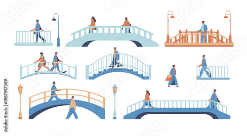 People walking on bridges in urban park, vector illustration of pedestrians strolling across scenic park bridges with trees, pathways, and city elements, ideal for cityscape and lifestyle design 