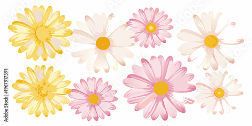 A colorful arrangement of watercolor daisy flowers in various shades