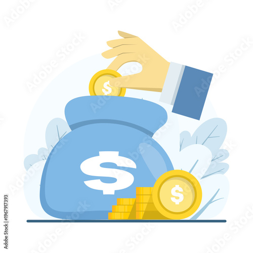 Flat vector of hand putting gold coins into money bag, representing saving lifestyle, budgeting, personal finance, money management, and financial growth illustration.