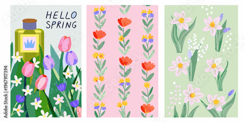 Three vertical panels displaying colorful spring flowers and perfume