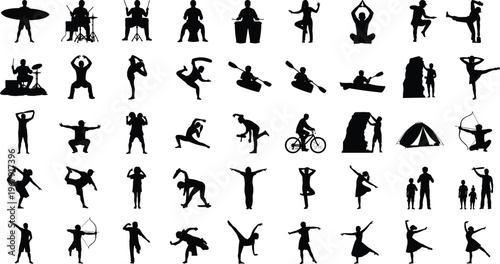 Silhouette, collection, of, people, engaged, in, various, sports, and, activities, including, yoga, drumming, kayaking, cycling, dancing, and, camping, for, lifestyle, design.