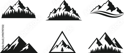 Mountain, peak, icon, set, featuring, nature, landscapes, with, pine, trees, and, forest, silhouettes, for, outdoor, adventure, hiking, travel, vector, illustration.