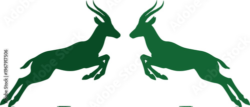 Dynamic green springbok vector illustration, two jumping antelopes in silhouette, wildlife animal emblem, nature-inspired graphic resource for logos and branding