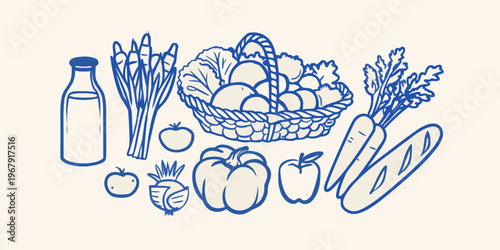 A blue line drawing of fresh produce in a woven basket