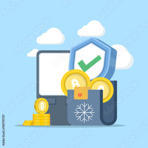 Flat vector of crypto cold wallet, offline storage for cryptocurrency, secure digital assets, blockchain protection, hardware wallet security illustration.