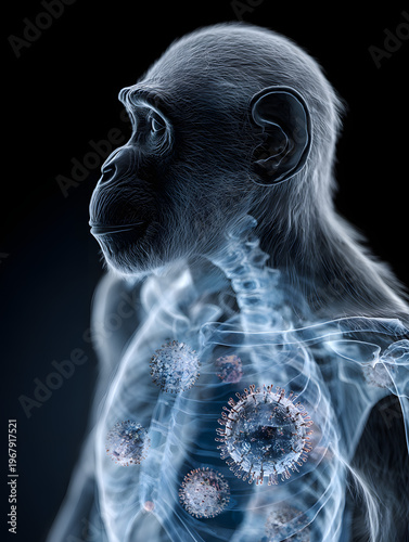 3D render of a monkeys internal body showing a virus.