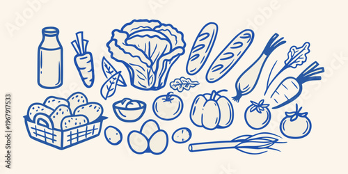 A hand drawn collection of fresh produce bread and dairy items