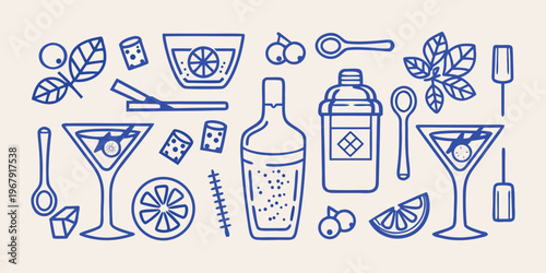 Blue line art illustration of cocktail ingredients and glassware
