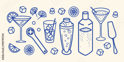 A collection of hand drawn cocktail ingredients and bar tools