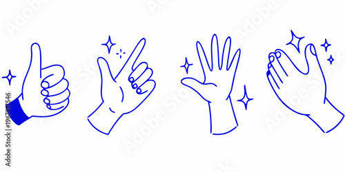 Four hand gestures are illustrated in a simple blue line art style