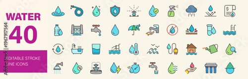 Set of 40 editable line icons representing various aspects of water usage and conservation, including drops, faucets, and plumbing