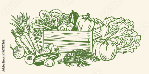 A wooden crate overflowing with a vibrant assortment of fresh vegetables