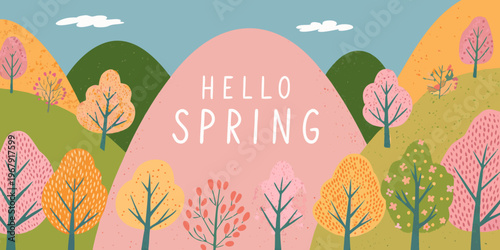 A colorful landscape illustration welcomes the arrival of spring