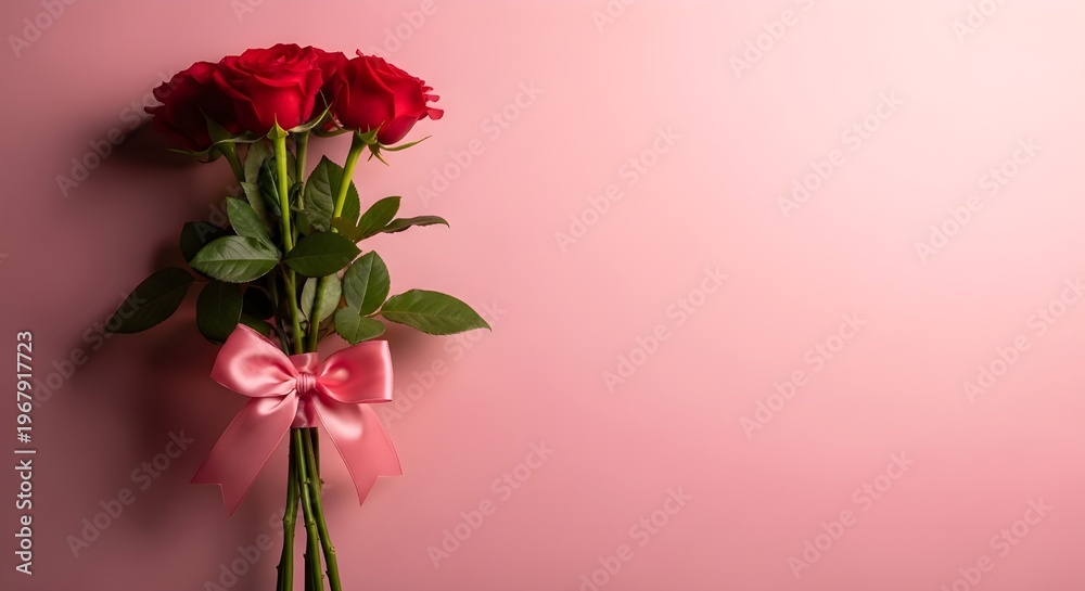 Fototapeta premium Beautiful bouquet of red roses tied with a pink ribbon against a pink wall