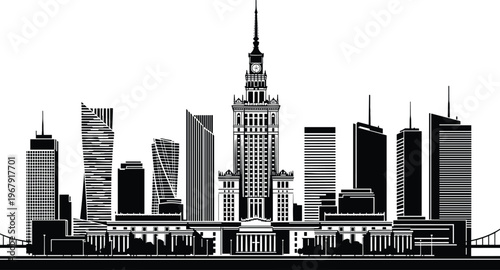 Warsaw, Poland, city, skyline, silhouette, featuring, Palace, of, Culture, and, Science, with, modern, skyscrapers, urban, architecture, vector, black, and, white.