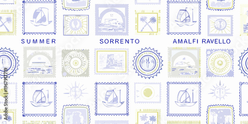Vintage postage stamps with coastal scenes and italian place names