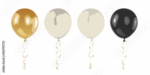 Four balloons in gold silver white and black hues are displayed