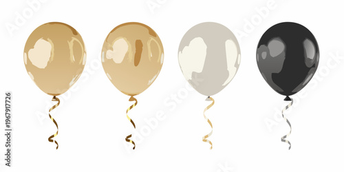 Four colorful balloons in shades of gold silver and black