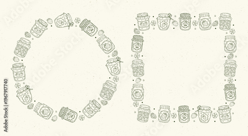 Hand drawn vector strawberry jam jar round and square frame set with jars, strawberries, berries, leaves and flowers. Perfect for cards, invitations, packaging and sweet food design