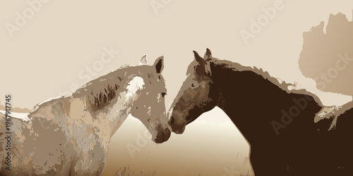 Two horses nuzzle affectionately depicted in a sketched muted color palette